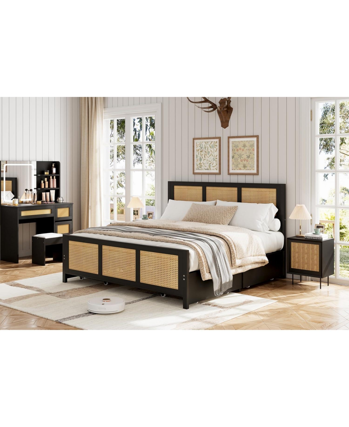 gaomon Rattan Bed Frame with Headboard, Boho Cane 4 Drawers, Metal Slats