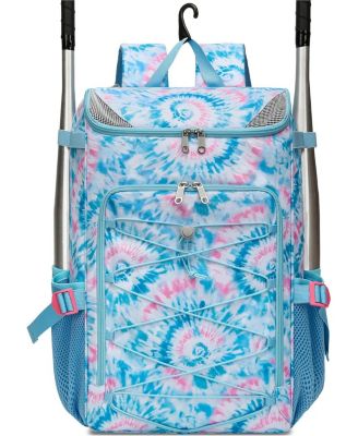 Tie-Dye Pattern Baseball and Softball Gear Backpack for Kids Ages 8-14, Youth Bat Bag with Ventilated Shoe Compartment for Cleats, Glove