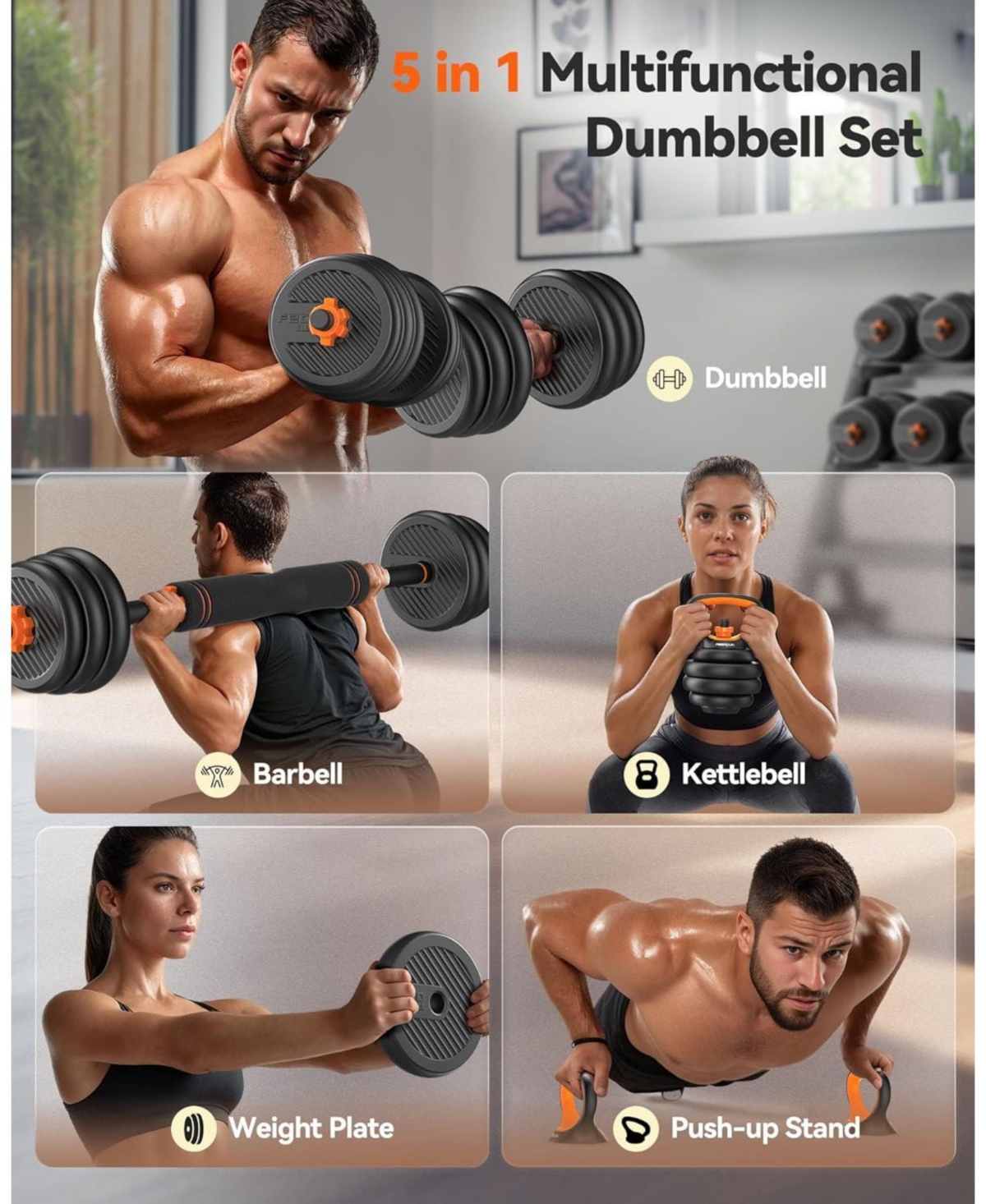 Fed Fitness Adjustable Dumbbells, Weight Set with Connector, 5 in 1 Dumbbells Set (Barbell, Kettlebells, Push up Stand