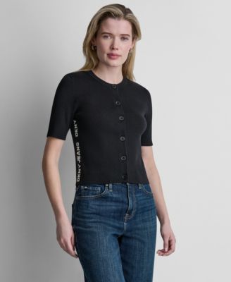 Women's Side Logo Button-Front Elbow-Sleeve Crewneck Sweater