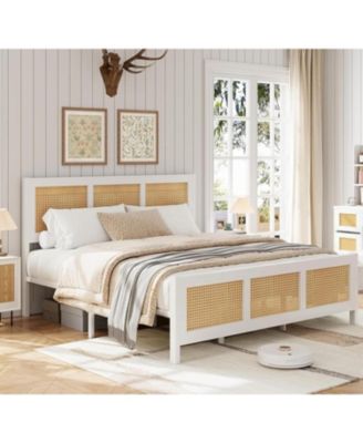 Rattan Platform Bed, Woven Cane Headboard, 14" Storage