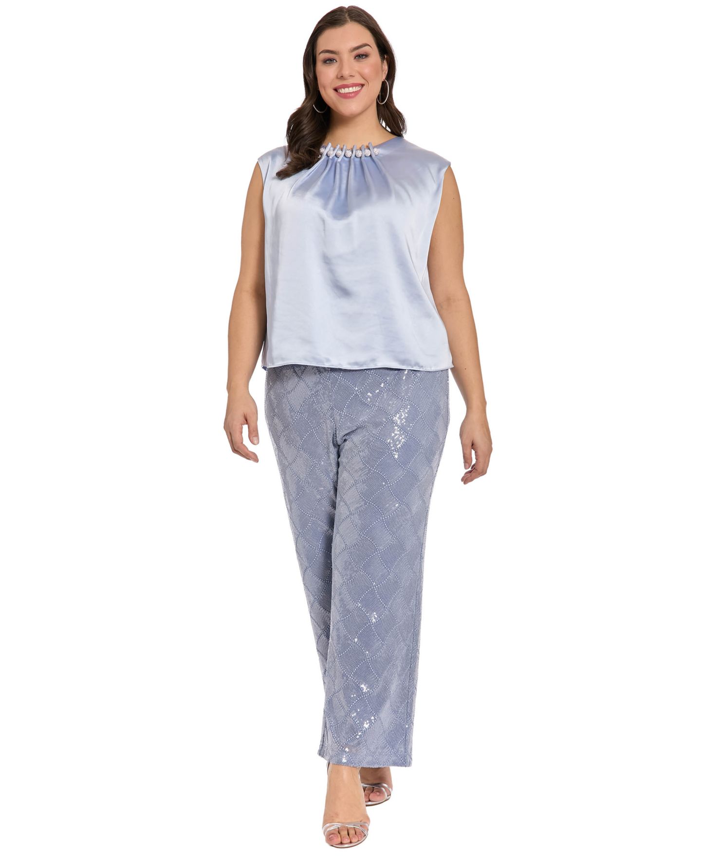 Женский топ Muse Plus Tucked Beaded Neckline Sleeveless, цвет: Светлый синий — фото 2