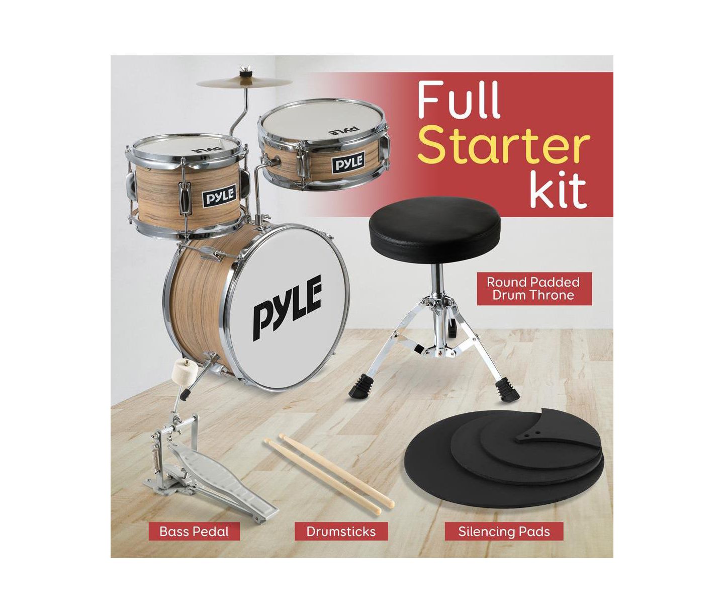 Детские игрушки Pyle 3-Piece Kids/Junior Drum Set - Includes Bass Drum, Tom, Snare, Cymbal, Throne, and Sticks, Natural Finish (PDRMKIT72N) — фото 2