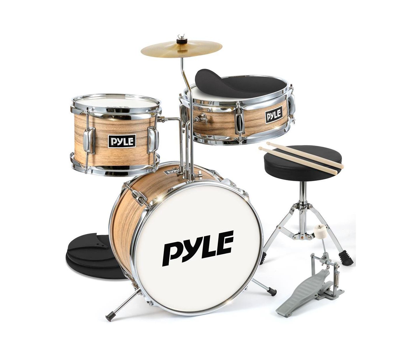Детские игрушки Pyle 3-Piece Kids/Junior Drum Set - Includes Bass Drum, Tom, Snare, Cymbal, Throne, and Sticks, Natural Finish (PDRMKIT72N) — фото 1