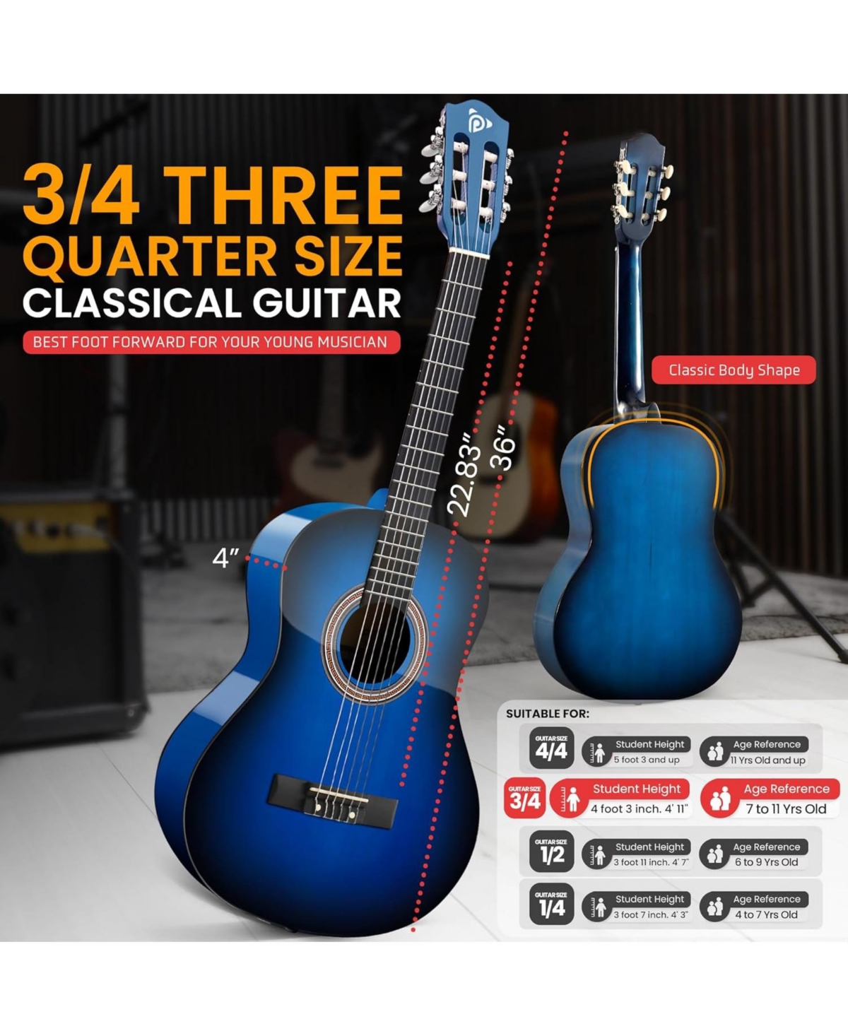 Pyle Beginner Acoustic Guitar Kit, 3/4 Junior Size All-Wood Guitar for Kids & Adults, 36" Burst