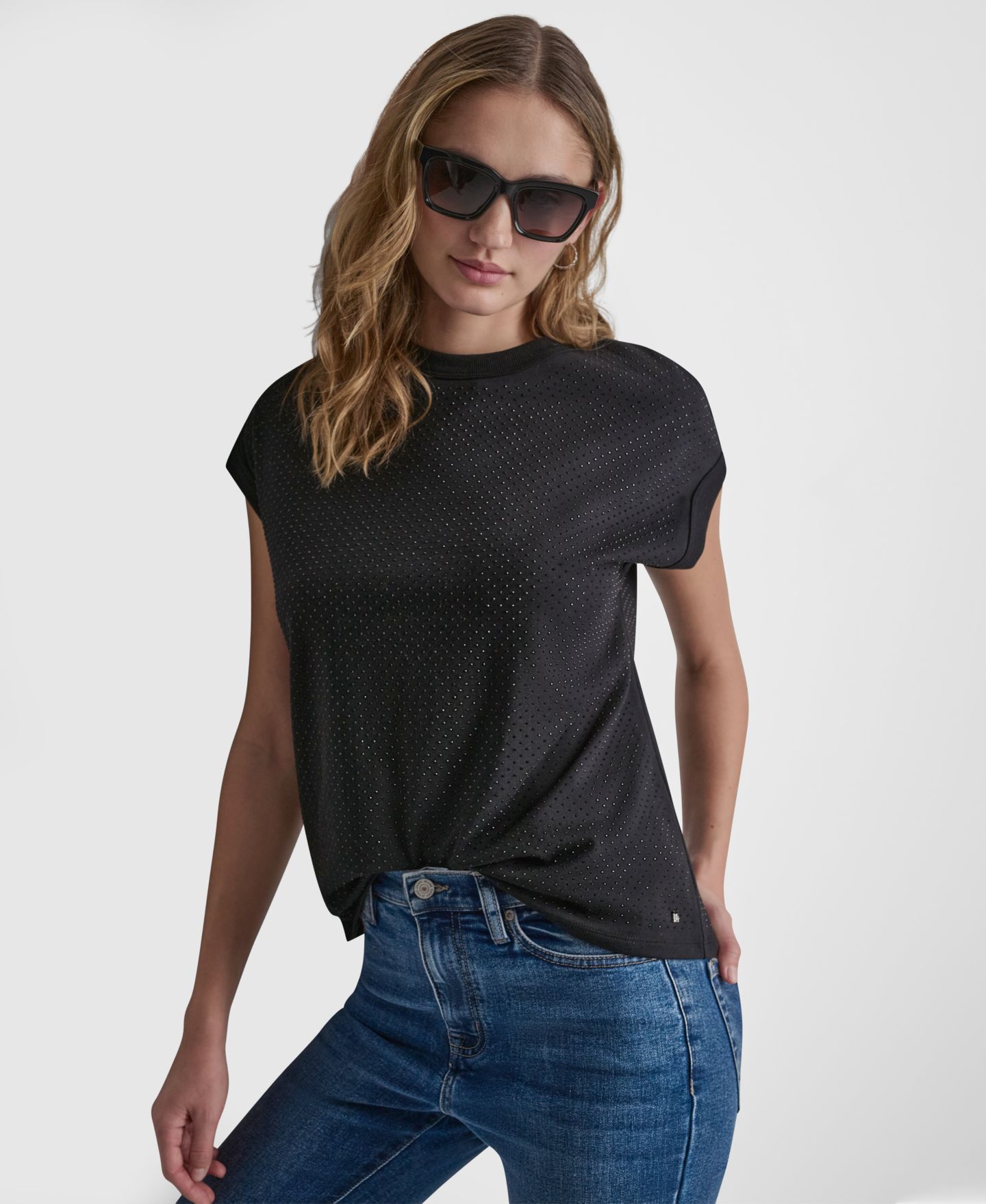 Женский топ DKNY Jeans Rhinestone Embellished Extended-Sleeve Crewneck, цвет: Чёрный — фото 8