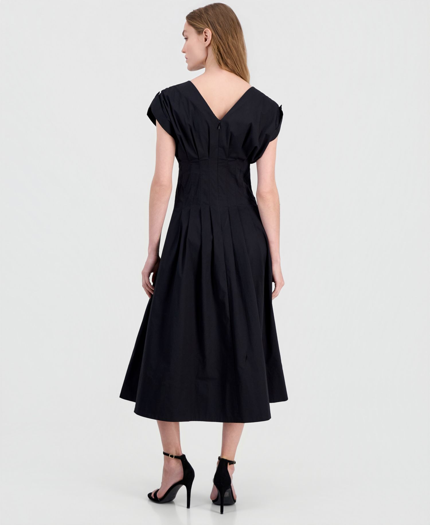 Petite Pleated-Waist V-Neck Midi Dress