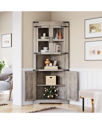 Farmhouse Corner Cabinet with Glass Door and Adjustable Shelves, Tall Corner Storage Organizer for Bathroom, Kitchen, Living Room