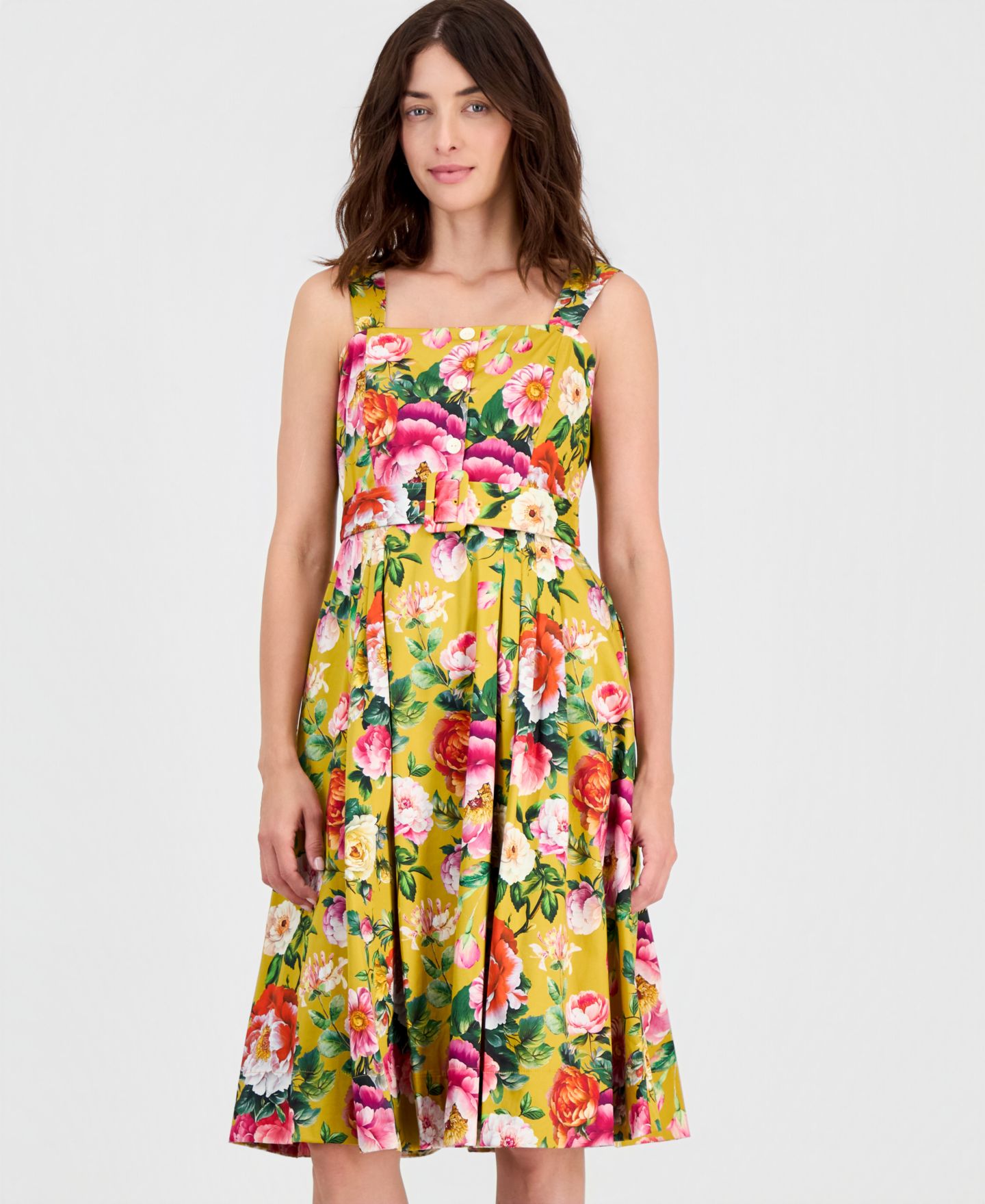 Женское платье Tahari ASL Printed Square-Neck Fit & Flare, цвет: Горчичный с принтом — фото 3