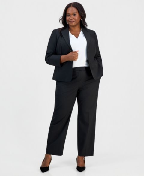 Женские комплекты Kasper Plus Size Washable Bi-Stretch Notched-Collar Two-Button Blazer & Straight-Leg Pants, цвет: Чёрный
