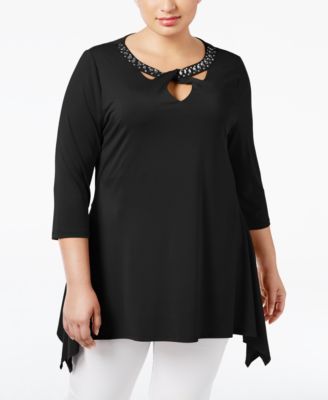 Belldini - Plus Size Rhinestone-Trimmed Handkerchief-Hem Top