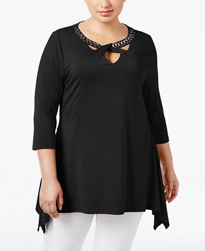 Belldini Plus Size Rhinestone Handkerchief-Hem Top