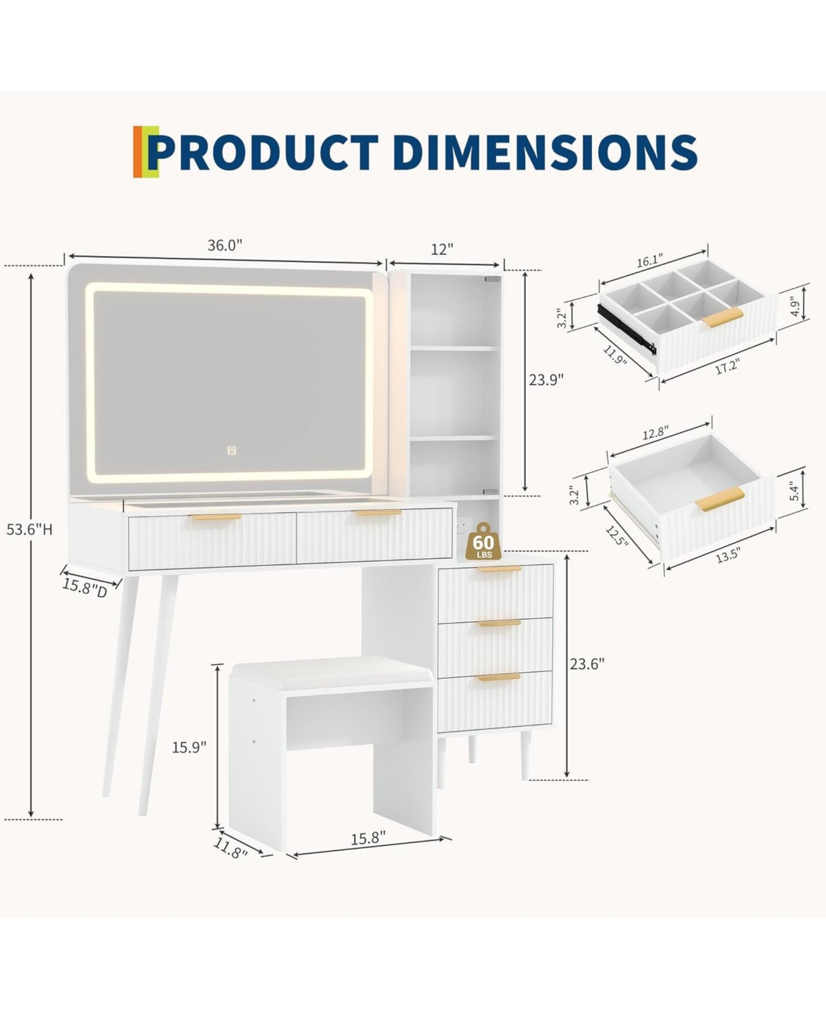 gaomon 48" Modern Vanity Desk with Glass Top, Led Mirror, 5 Drawers, 3 Shelves & Charging Station