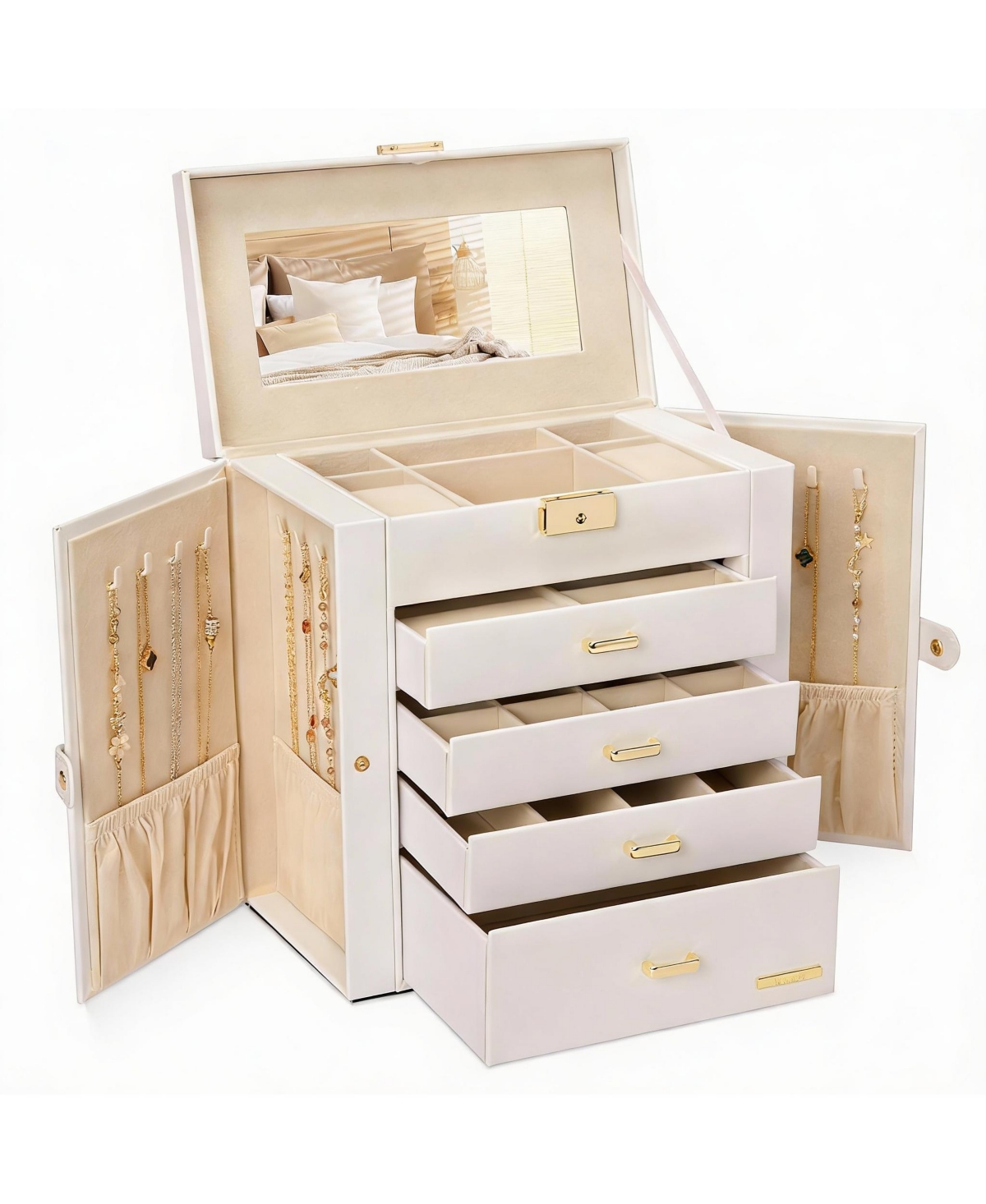 Yigii Leather Jewelry & Watch Organizer with Drawers and Mirrors