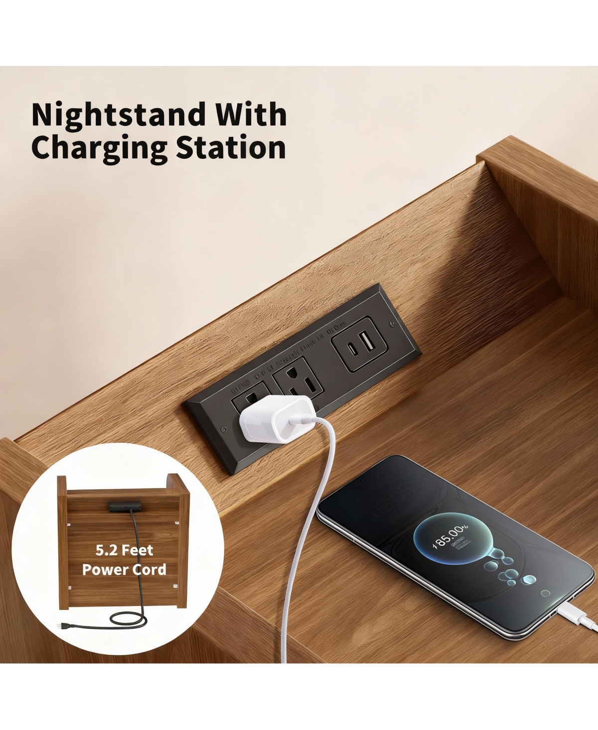 Yigii 2 Drawer Rattan Charging Ports Nightstand Set