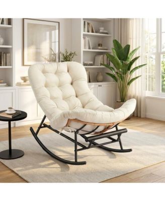 Papasan Rocking Chair with Footrest - Indoor/Outdoor PE Rattan Metal Frame with Cushion, Lounge Chair