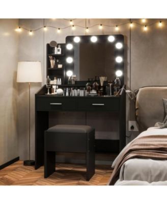 Modern Vanity Desk with Large Mirror, Adjustable LED Lights, Power Outlet, 2 Drawers & Cushioned Stool