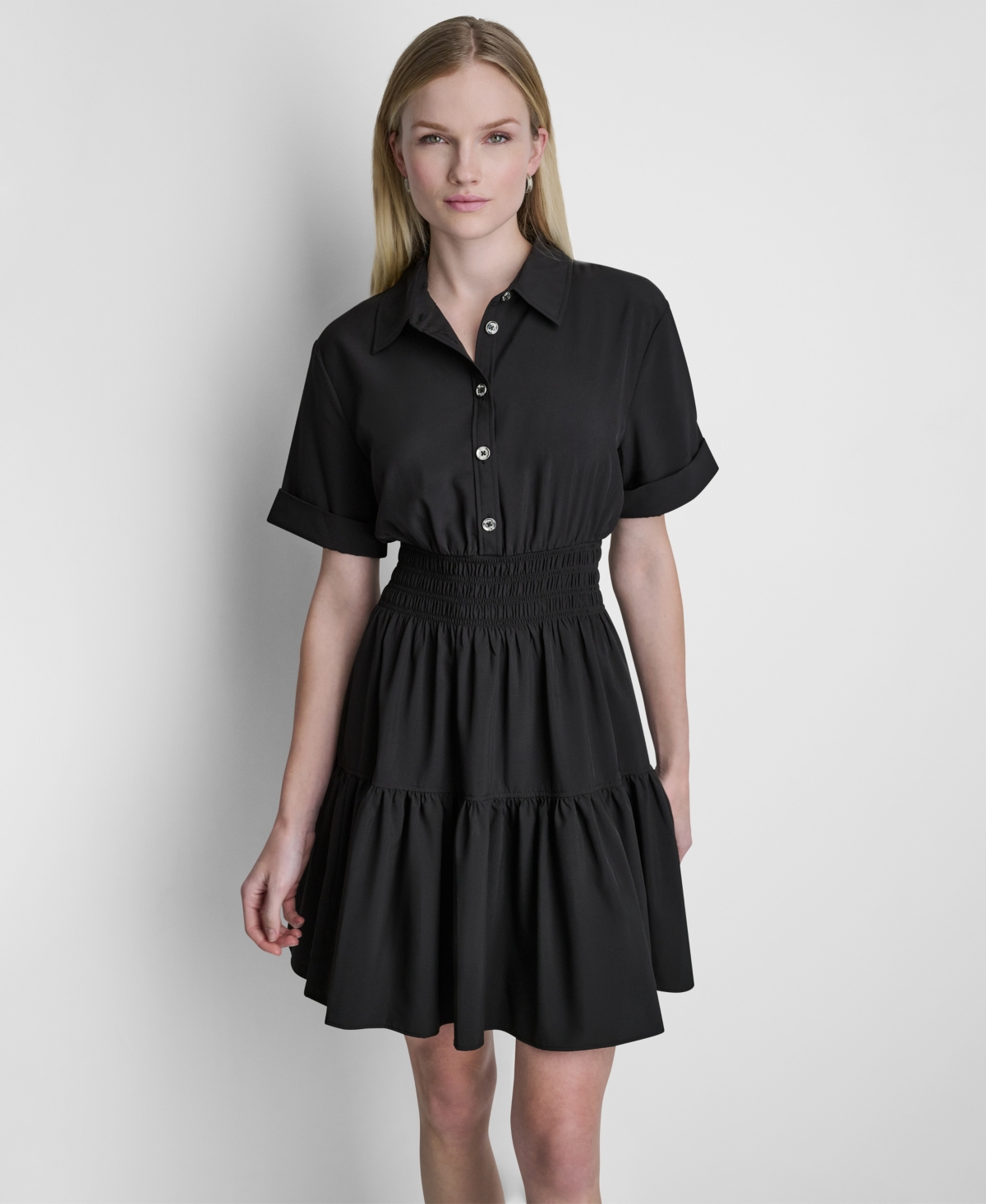 Dkny Women's Short-Sleeve Smocked Waist Tiered Shirt Dress