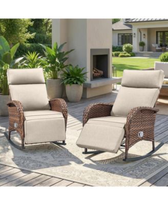 2 Pieces Outdoor Rocking Chair, Wicker Lounge Chair with Adjustment Backrest, PE Rattan Patio Recliner with Adjustable Footrest and Cushions