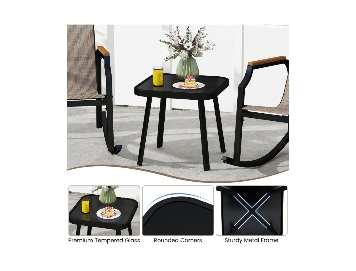 Boyel Living 3 Piece Patio Rocking Bistro Set with Tempered Glass Coffee Table and Armrests