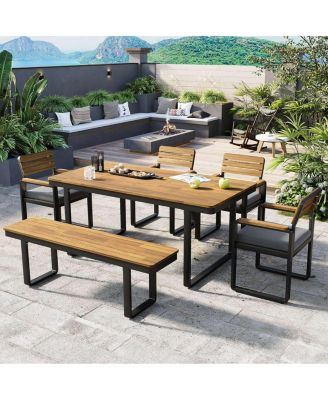 6-Piece Acacia Wood Outdoor Dining Set with Cushions and Bench, Patio Furniture for 6-Asagikoiai