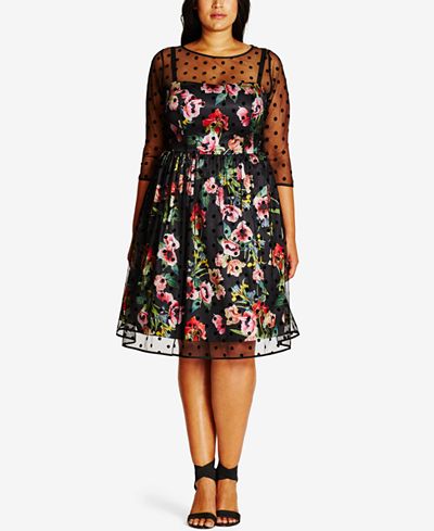 City Chic Plus Size Printed Illusion-Overlay Fit & Flare Dress