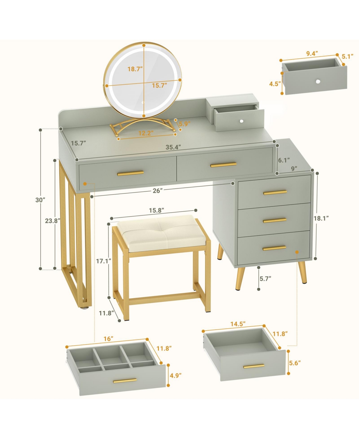 Aheaplus Vanity Desk with Mirror and Lights, Makeup Set 6 Drawers Stool