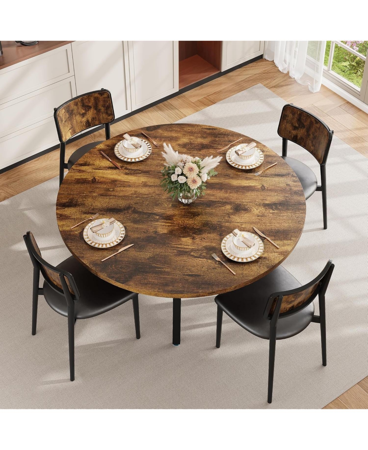 gaomon 47" Round Dining Table for 4-6, Sturdy Wood Top & Metal Base, Compact Small Spaces