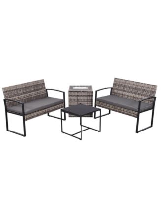 4-Piece Outdoor Patio Set with Ice Bucket Table, PE Rattan Conversation Set with Storage, Waterproof Cushions