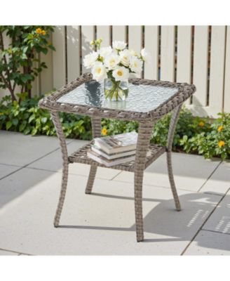 Outdoor Side Table - Tempered Glass Wicker Table, Waterproof Patio Coffee Table Rattan End Table with Storage