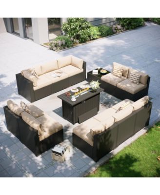 12-Piece Outdoor Wicker Patio Conversation Set with 44" Propane Fire Pit Table and Khaki Cushions