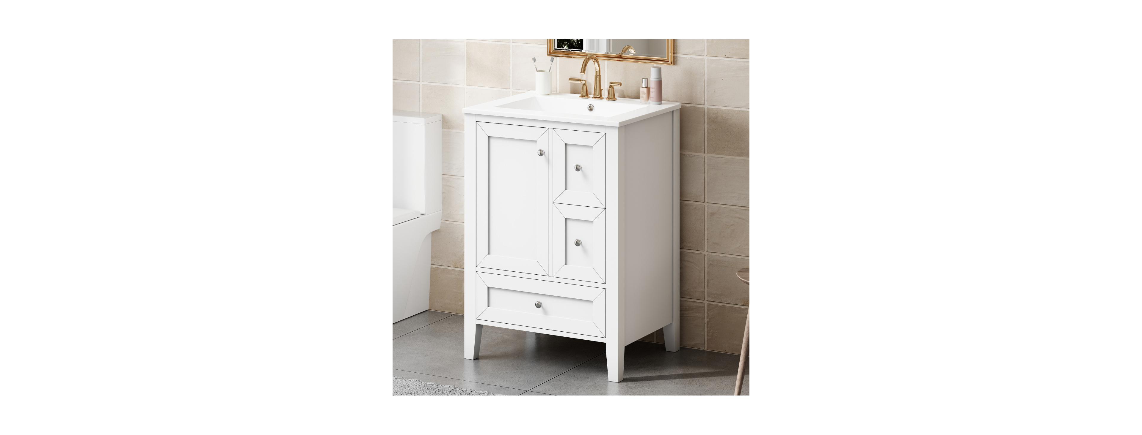 Sillysis 24 Inch Bathroom Vanity with Ceramic Sink, Freestanding Modern Cabinet, Soft Close Drawers for Small Bath