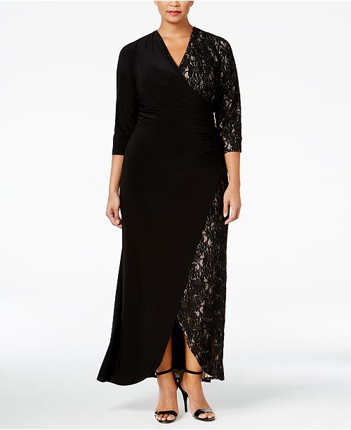 R & M Richards Plus Size Lace-Contrast Faux-Wrap Gown - Dresses - Women ...