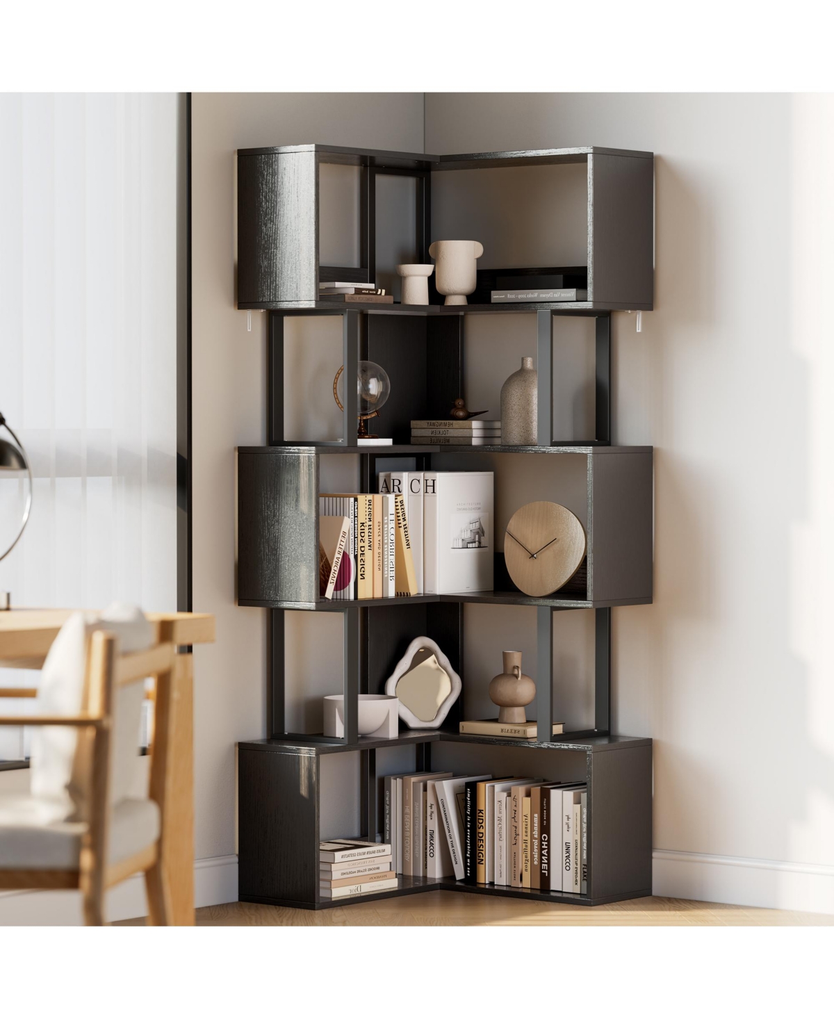 gaomon Space-Saving L-Shaped Corner Bookshelf - 6-Tier Freestanding Metal and Wood Bookcase with Baffle