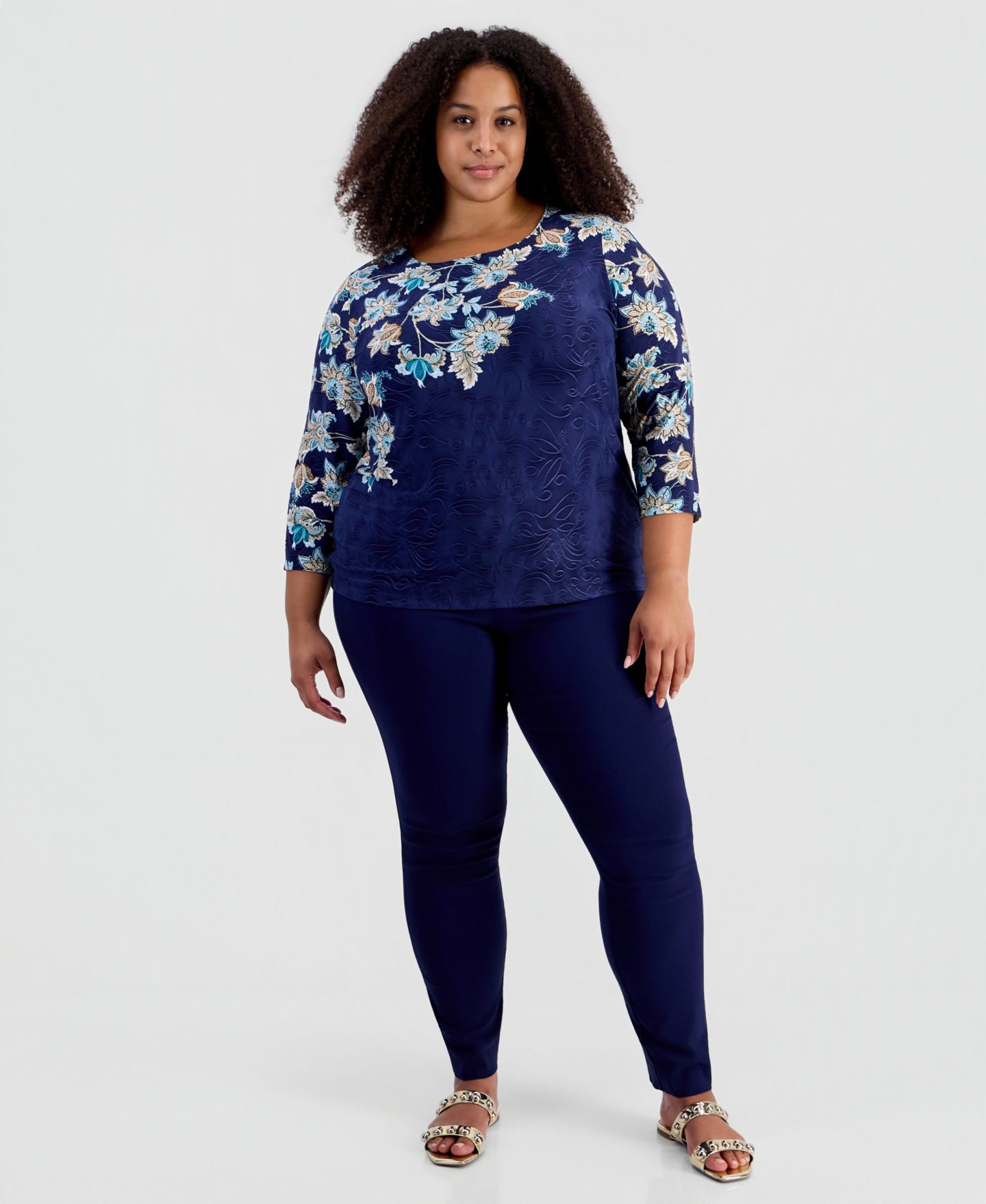 Женская футболка JM Collection Plus Size Printed Scoop Neck 3/4-Sleeve, цвет: Синий — фото 2