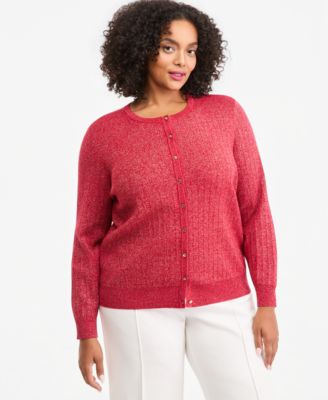 Plus Size Lurex Pointelle Crewneck Long-Sleeve Cardigan