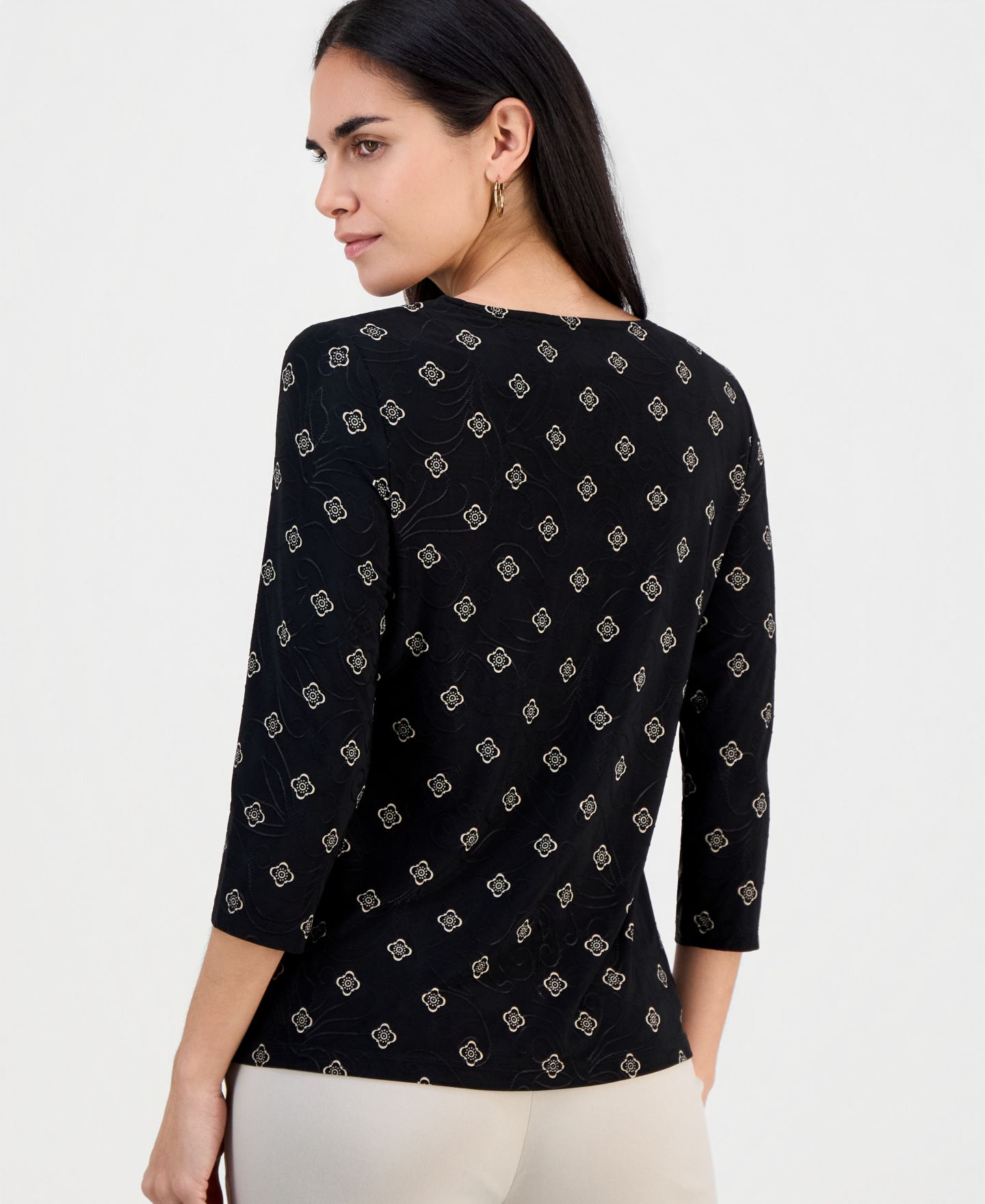 Женская футболка JM Collection Petite Sofia Tile 3/4-Sleeve Jacquard, цвет: Глубокий чёрный — фото 2