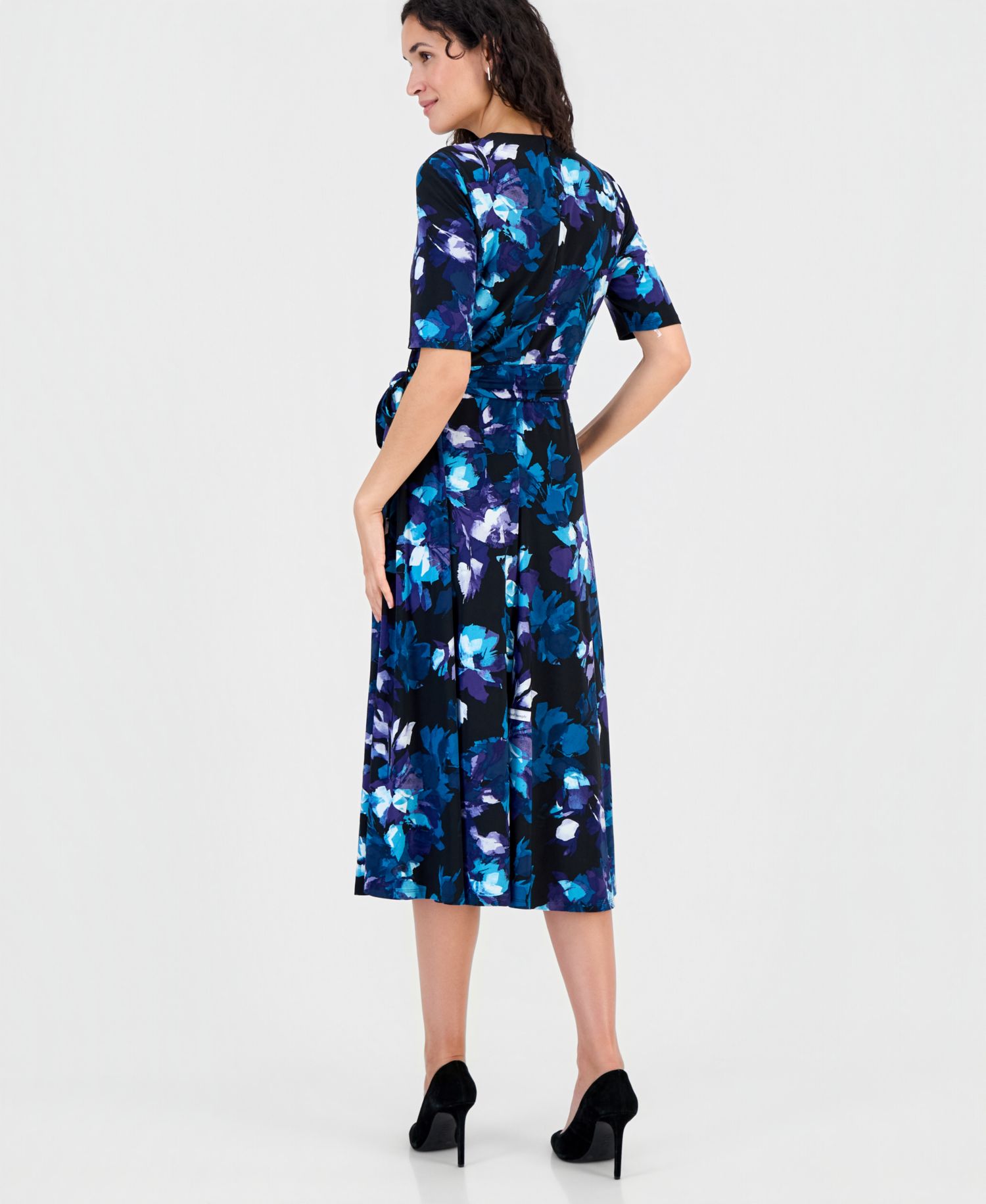 Women's Elbow-Sleeve Wrap-Front Fit & Flare Dress