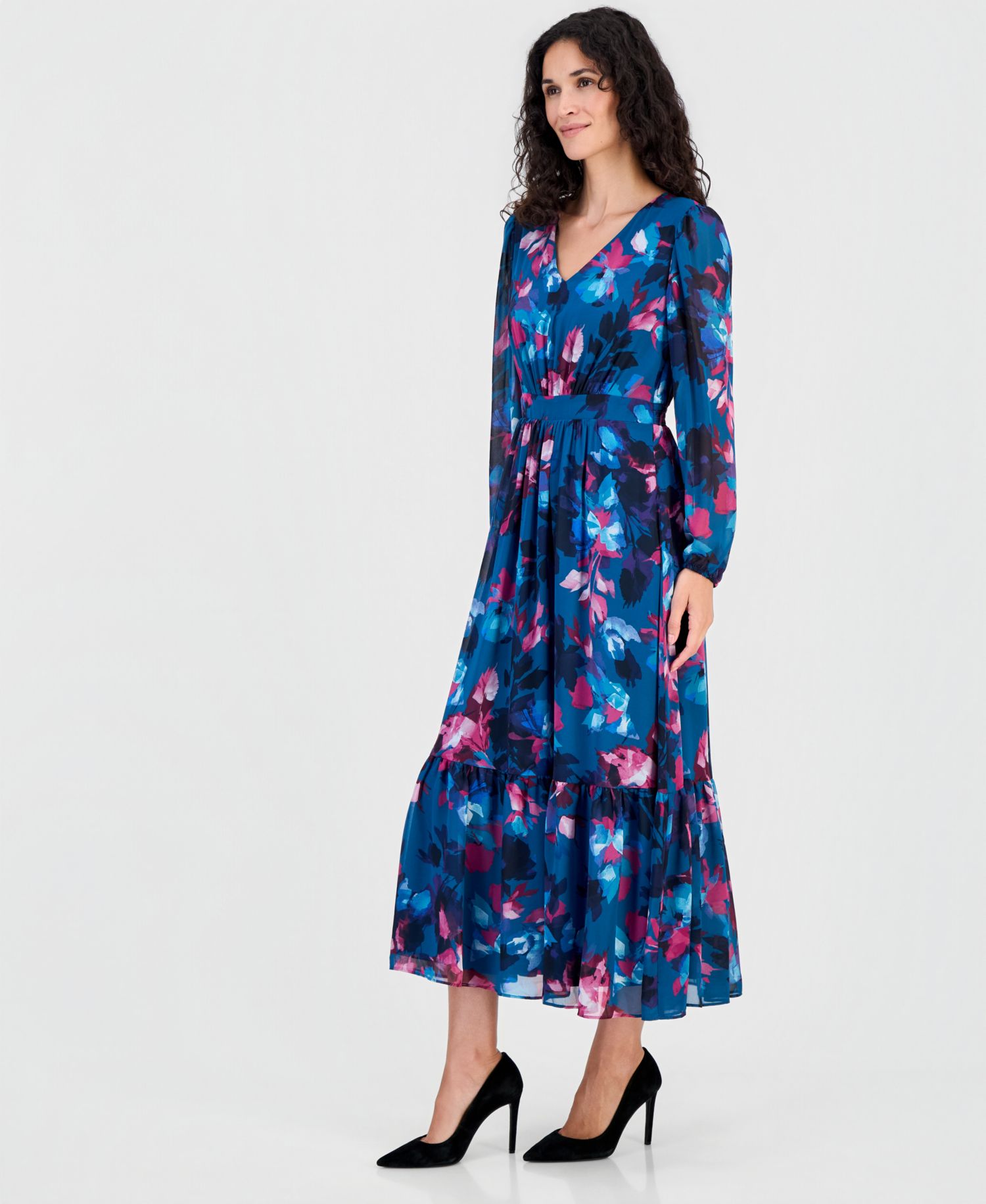 Women's Floral Balloon-Sleeve Smocked-Back Maxi Dress