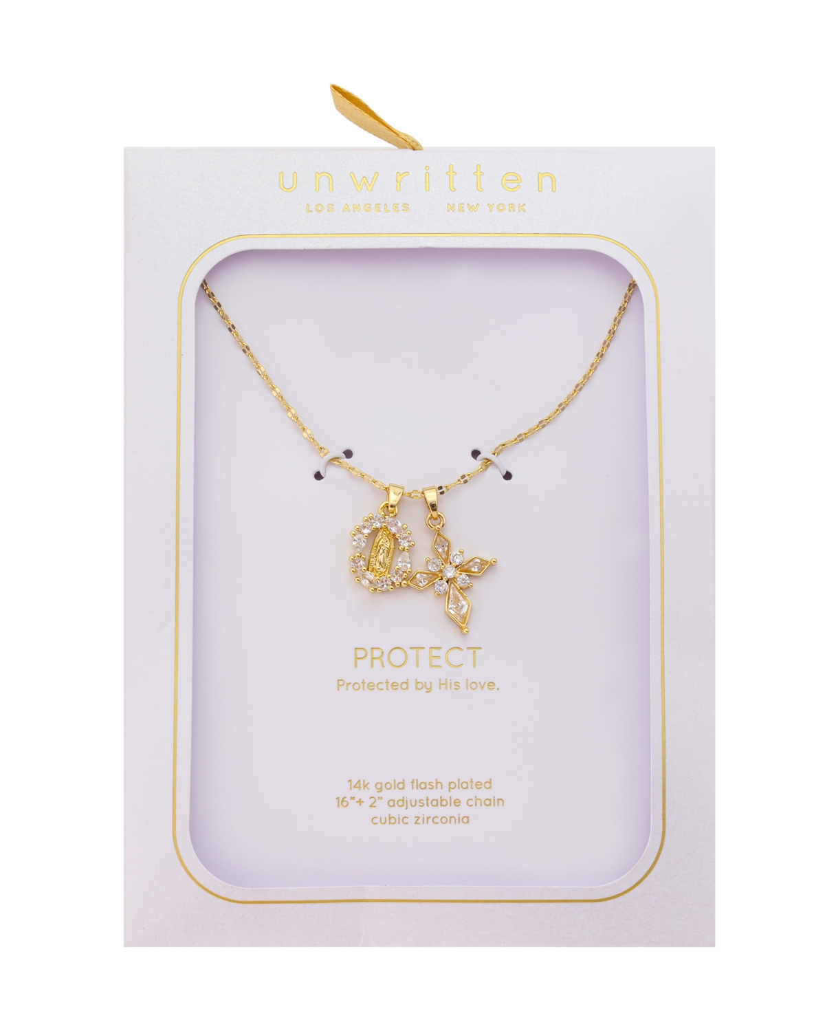 Unwritten Cubic Zirconia Gold-Tone Plated Saint and Cross Cluster Charm Necklace