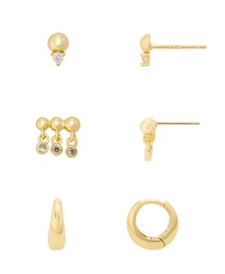 Cubic Zirconia Gold-Tone Plated Stud and Hoop Earring Trio Set