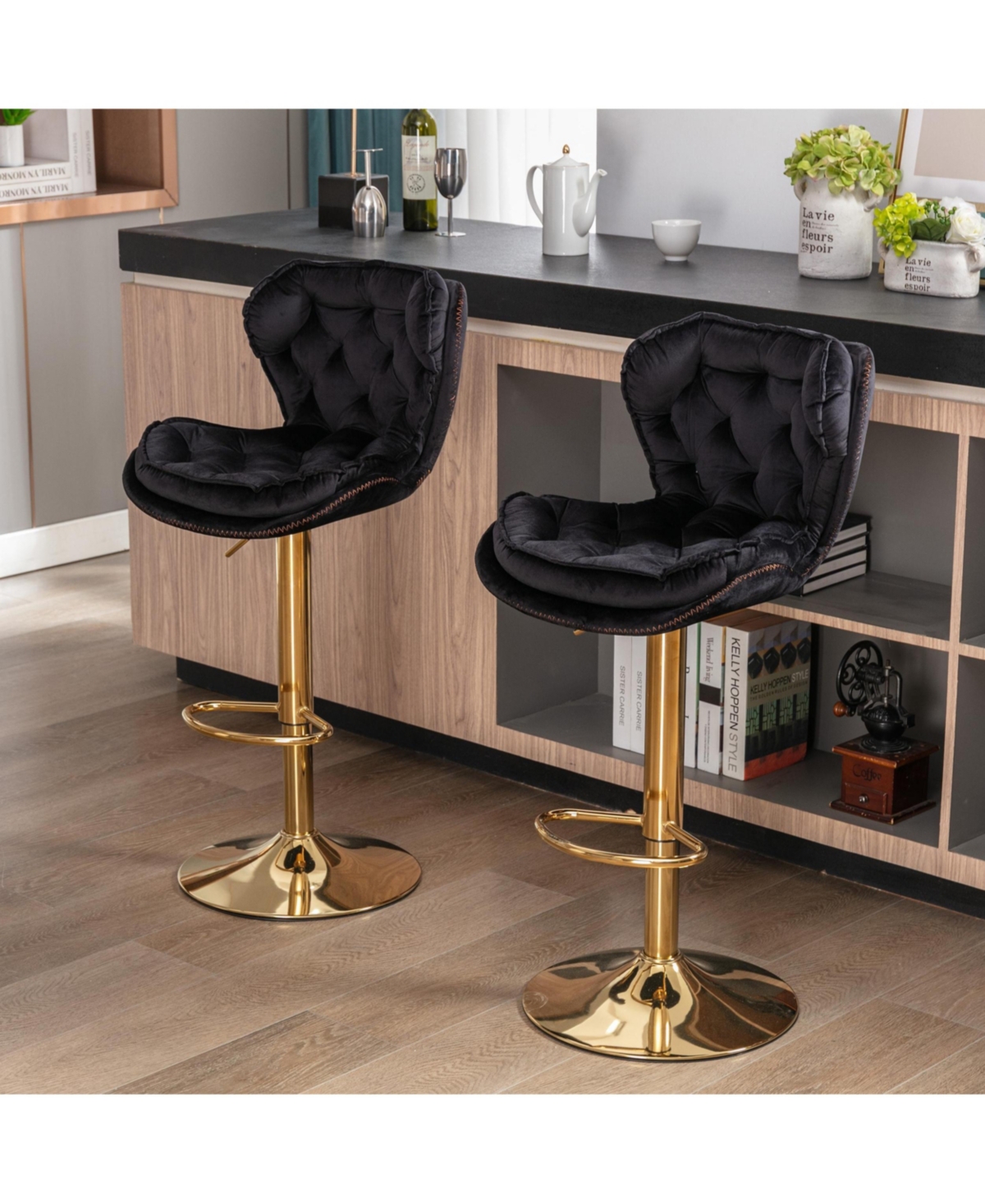 flynama Modern Velvet Adjustable Bar Stools with Chrome Base and Footrest, Set of 2