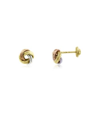 Tri-Color Knot Screw Back Stud Earrings 14K Yellow Gold