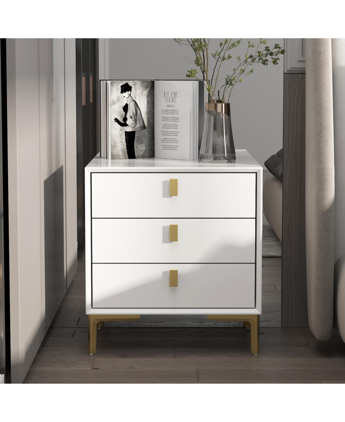 Homsee Modern 3-Drawer Nightstand with Gold Handles -3 Inch Storage Cabinet with Slanted Edge Frame