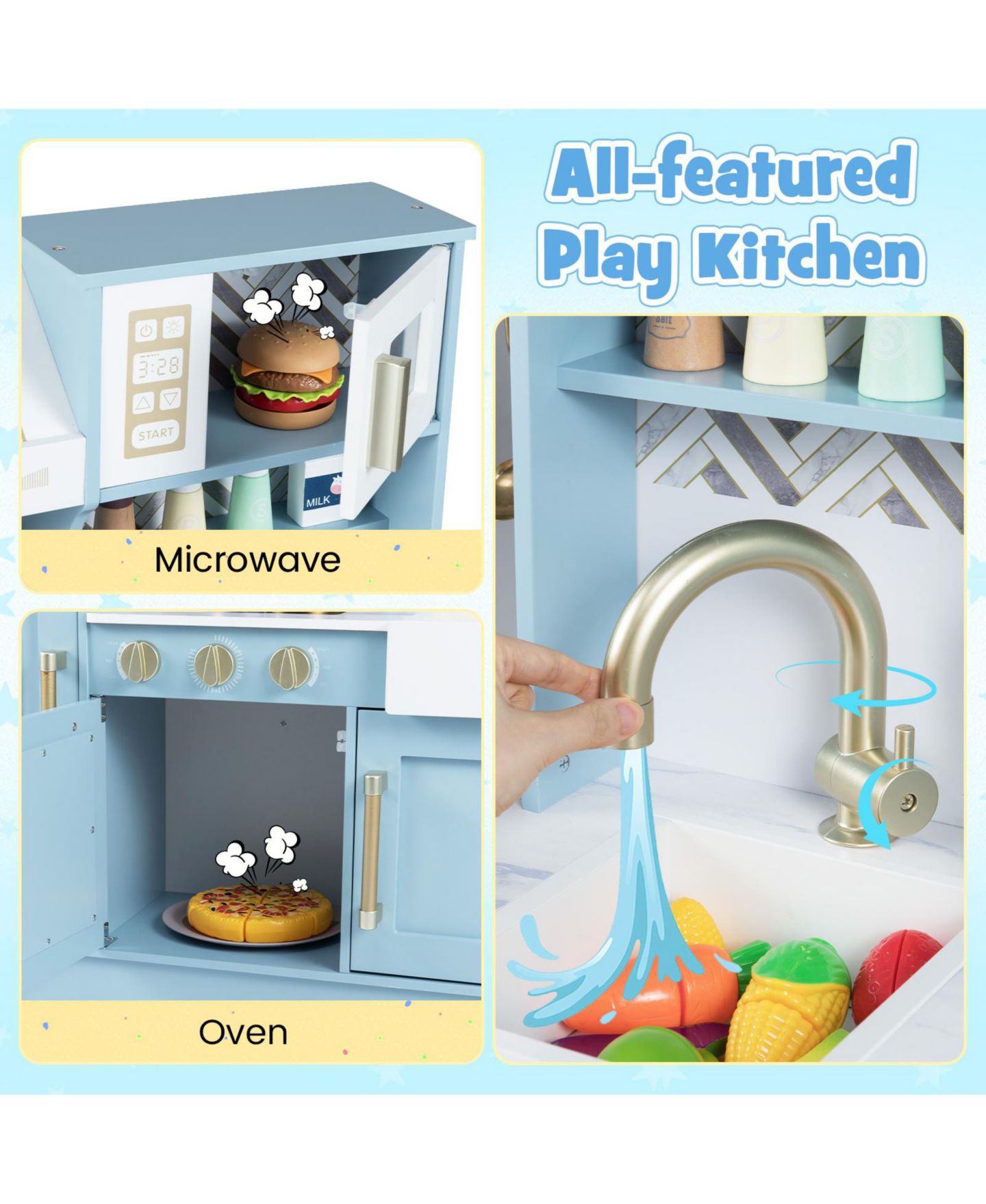 Детская игрушка Gymax Kids Play Kitchen with Stoves Faucet Sink Clock Coffee Machine Range Hood, цвет: Синий — фото 6