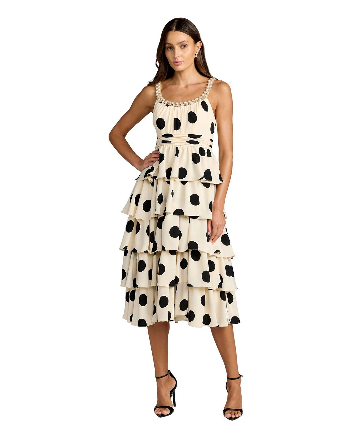 Mac Duggal Women's Polka Dot Charmeuse Scoop Neck Ruffle Midi Dress view 1 — MAYCSS fashion products
