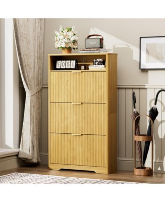 Fluted Shoe Cabinet, Modern Wood Shoe Storage Organizer, Hidden Entryway Shoe Rack with 3 Flip Drawers and Open Shelf for Hallway