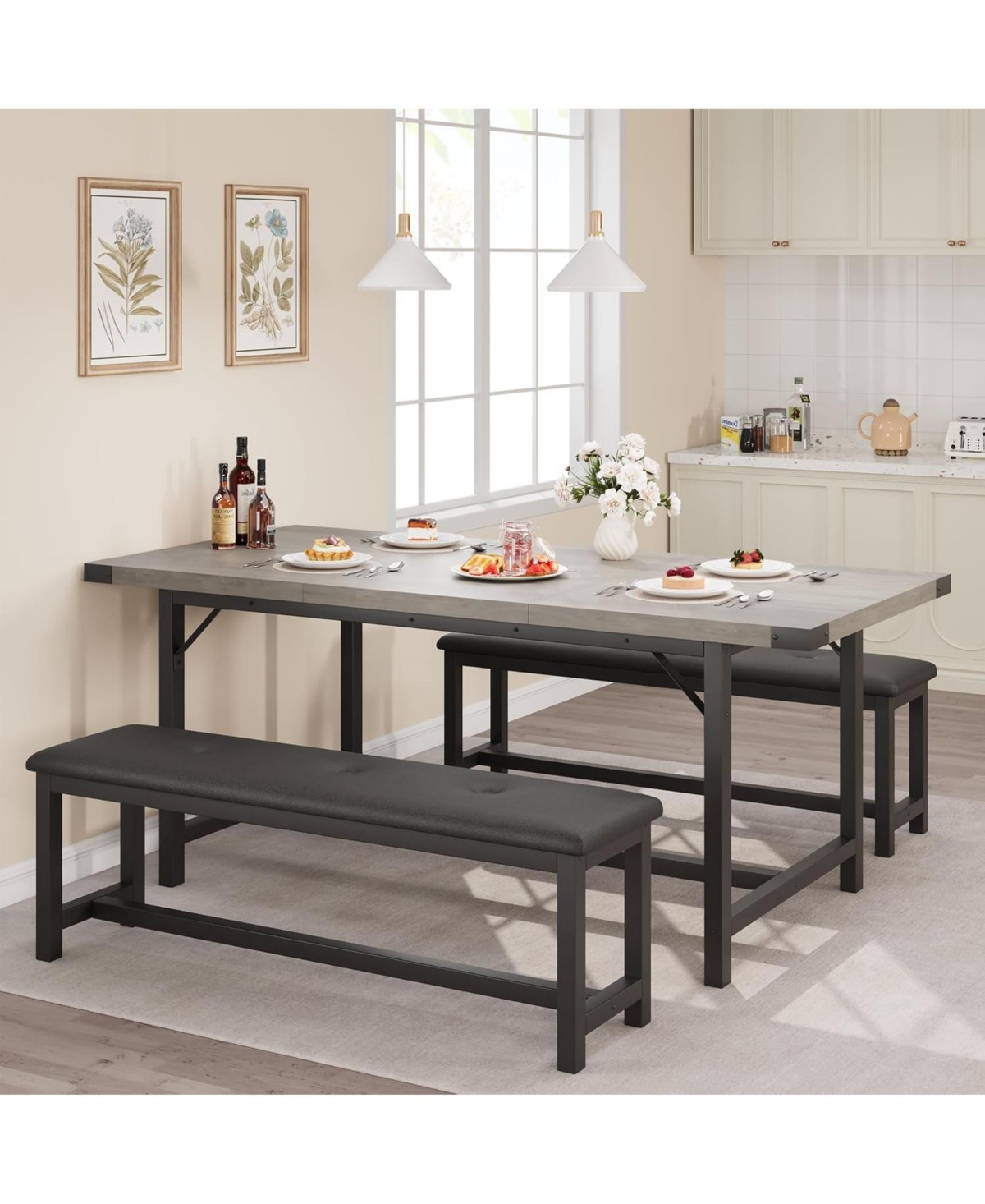 gaomon Extendable Dining Set for 4-6 with 2 Padded Benches