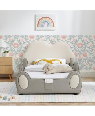 Twin Size Cute Cloud PU Leather Kids Bed with Guardrails and Storage