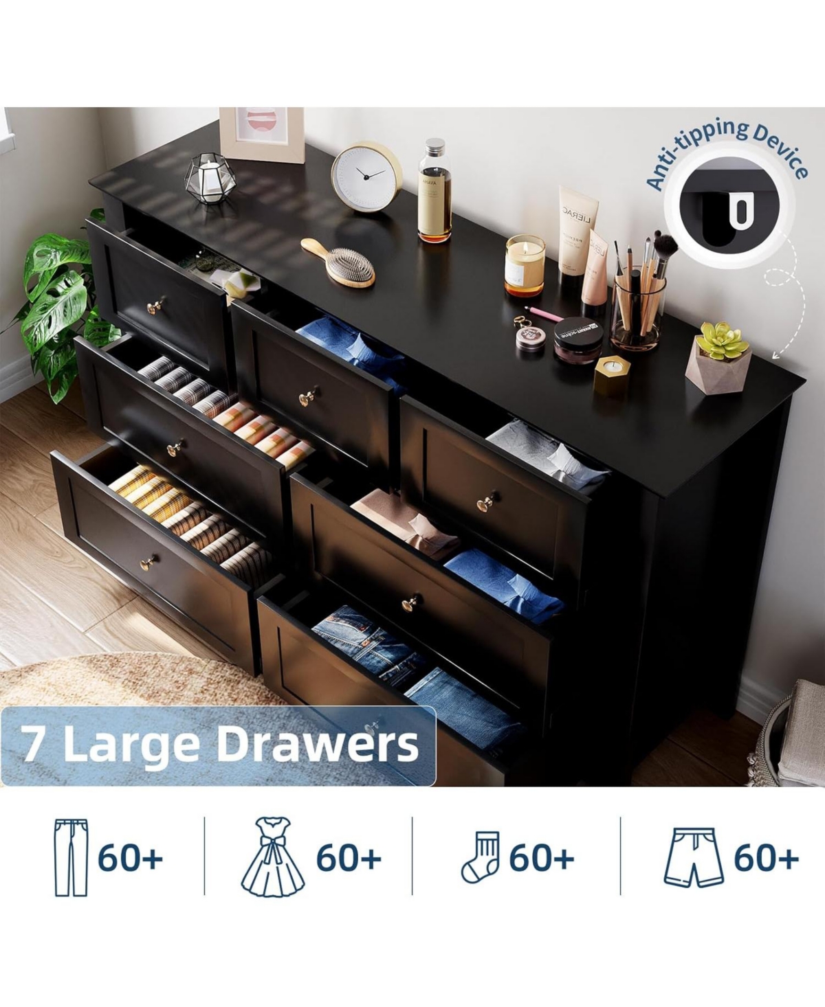 gaomon 7 Drawer Dresser, Modern Wood Chest With Gold Handles, Large Storage For Bedroom Or Hallway